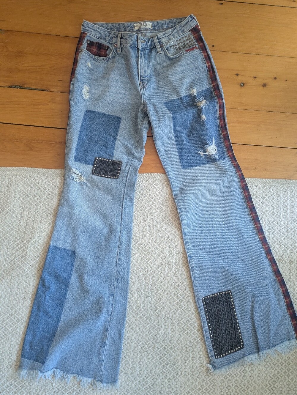 We The Free 29 Patches Ripped Flare Denim Free People Plaid Raw Hem